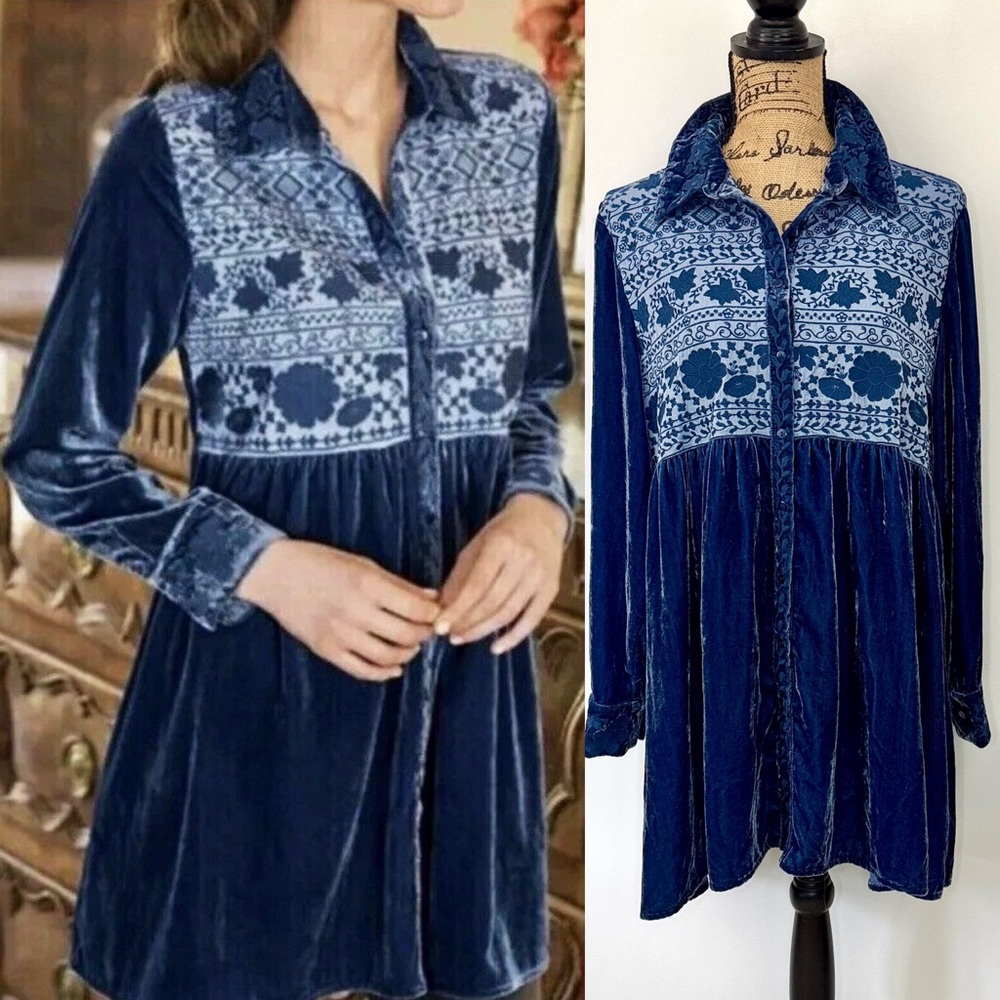 Soft Surroundings Blue Crushed Velvet Tunic Sz L